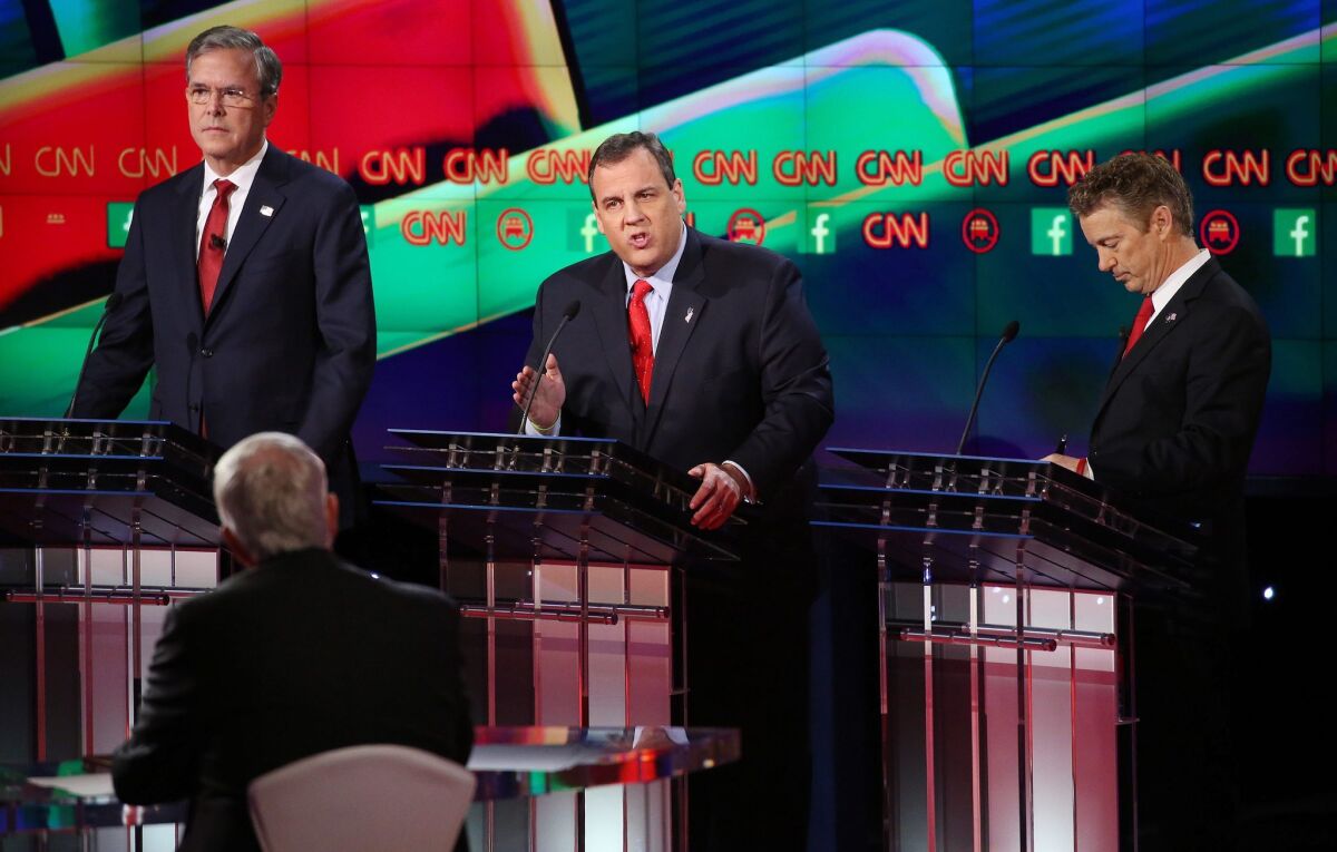 (left to right) Former Florida Governor Jeb Bush, New Jersey Governor Chris Christie and Kentucky Senator Rand Paul during the Republican Presidential candidate debates in Las Vegas