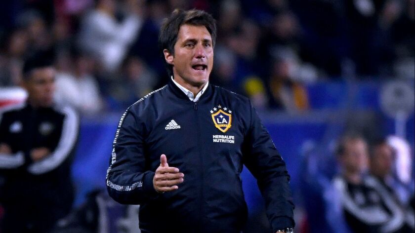 Galaxy coach Guillermo Barros Schelotto reacts to a play against the Houston Dynamo on April 19.