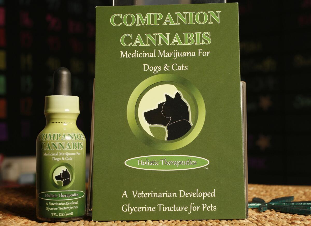 Companion Cannabis, a marijuana medicinal tincture for dogs and cats by Holistic Therapeutics, is displayed at La Brea Compassionate Caregivers in Los Angeles on May 30, 2013.