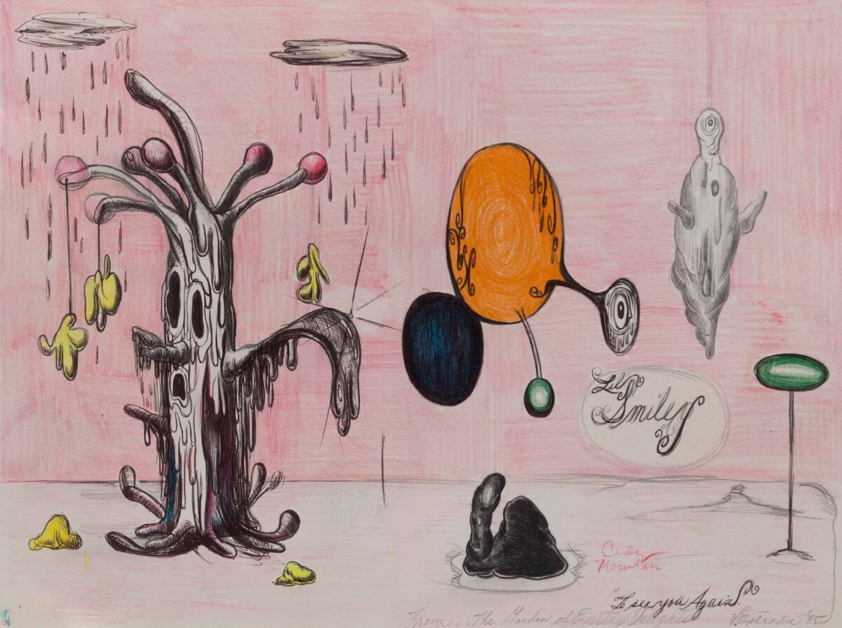 An abstract work of art includes a dripping tree and an orange blob with an eyeball, all on a light pink background.