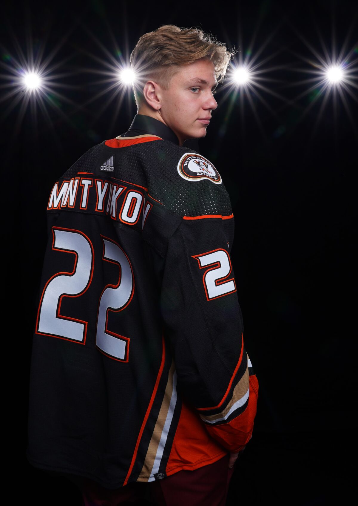 Pavel Mintyukov poses for a portrait after being selected tenth overall by the Anaheim Ducks.
