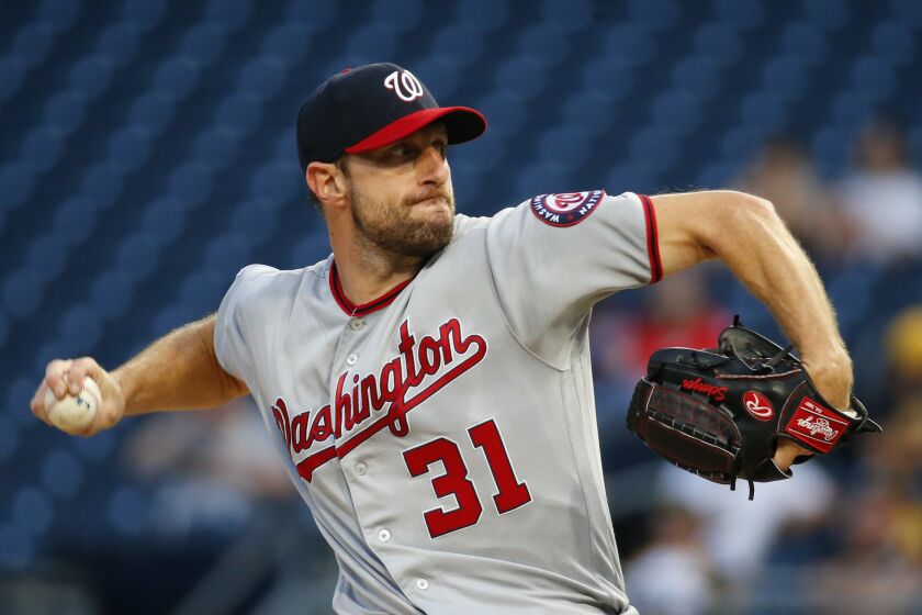 PITTSBURGH, PA - AUGUST 22: Max Scherzer #31 of the Washington Nationals in action against the Pittsburgh Pirates at PNC Park on August 22, 2019 in Pittsburgh, Pennsylvania. (Photo by Justin K. Aller/Getty Images)