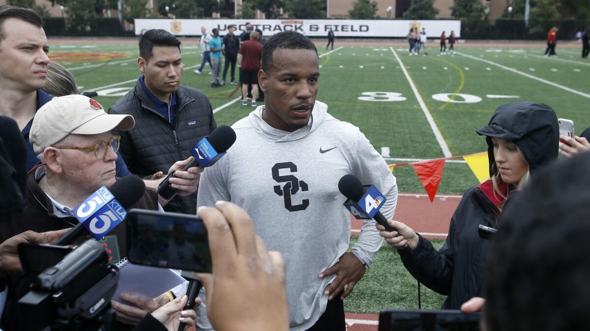 USC cornerback Iman Marshall talks to the media during USC Pro Day on March 19, 2019, in Los Angeles.