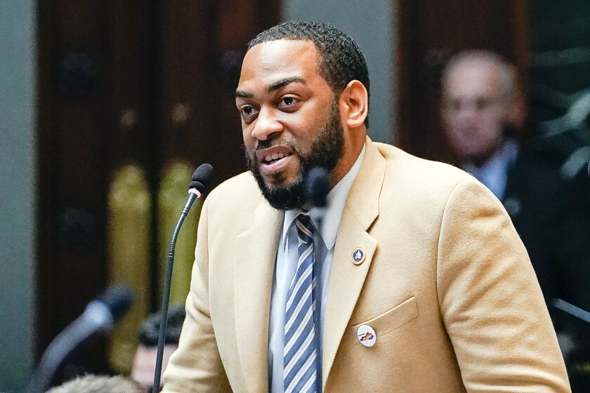 FILE - In this Feb. 19, 2020, file photo, state Rep. Charles Booker advocates for the passage of Kentucky HB-12 on the floor of the House of Representatives in the State Capitol in Frankfort, Ky. Democrat Booker, whose unabashedly progressive campaign in Kentucky came up just short in last year's Senate primary, said Monday, April 12, 2021, he's forming an exploratory committee as he weighs a follow-up Senate race in 2022 against Republican incumbent Rand Paul. (AP Photo/Bryan Woolston, File)