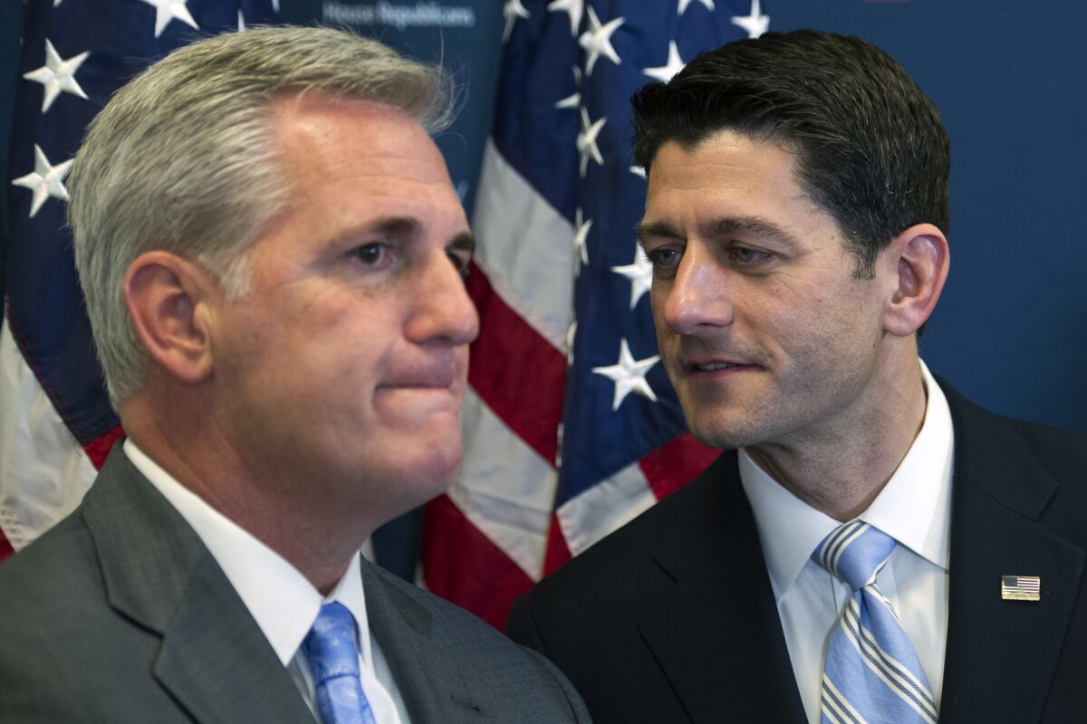 House Speaker Paul D. Ryan, right, with House Majority Leader Kevin McCarthy on Capitol Hill in Washington.