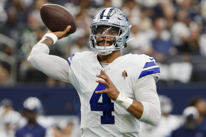 Dallas Cowboys quarterback Dak Prescott passes against the New York Jets during the first half of an NFL football game in Arlington, Texas, Sunday, Aug. 17, 2023. (AP Photo/Michael Ainsworth)