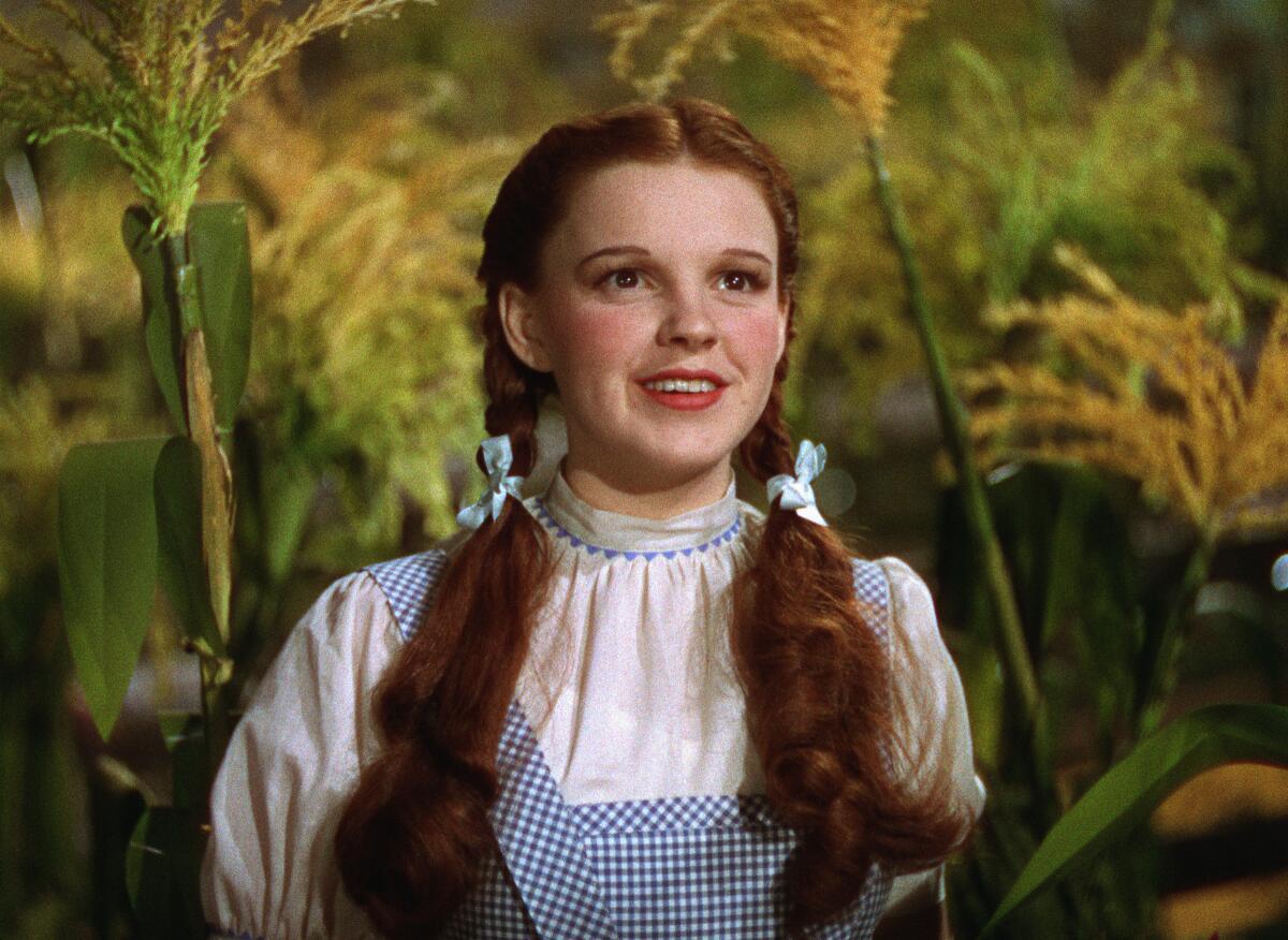 Judy Garland as Dorothy in a fake cornfield in "The Wizard of Oz"