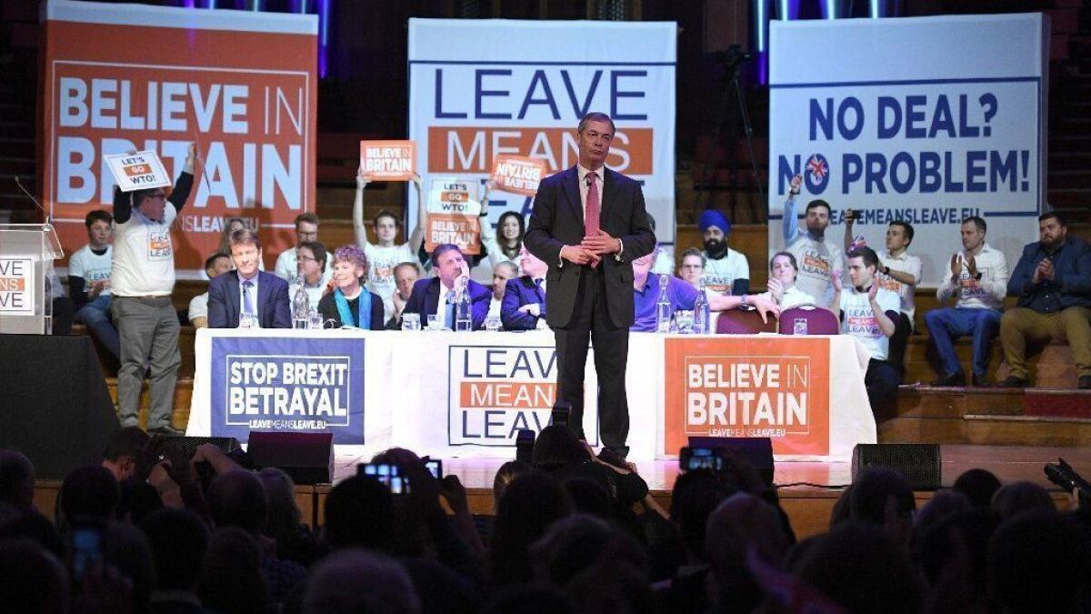 Brexit backer Nigel Farage speaks during a rally in London on Jan. 17.