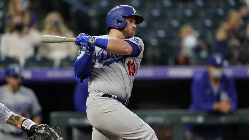 Los Angeles Dodgers first baseman Max Muncy (13) in the third inning of a baseball game Friday.