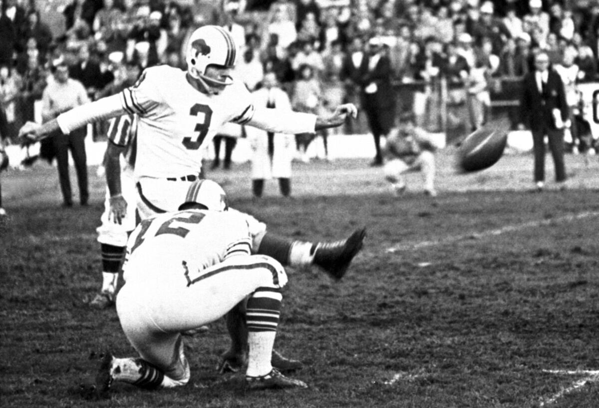 Buffalo’s Pete Gogolak kicks a field goal against the San Diego Chargers on Nov. 25, 1965.