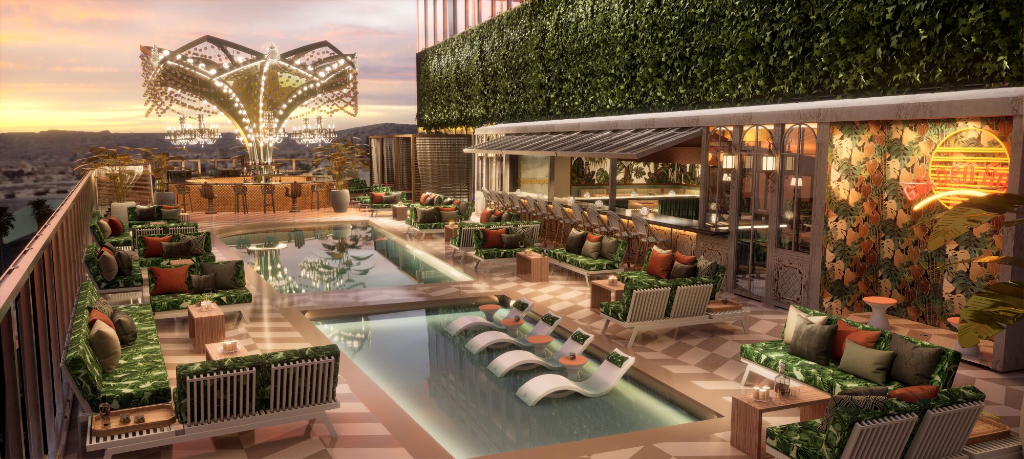 Rendering of the pool deck on the eighth floor that will include a bar under a turning carousel.