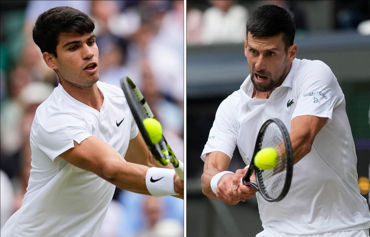 Carlos Alcaraz, left, and Novak Djokovic hit returns during their respective Wimbledon semifinal matches.
