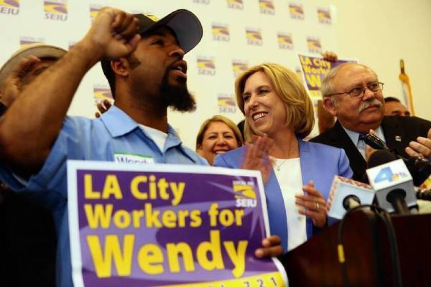 Wendy Greuel visits a green technology firm earlier this month. “I would like to sit with the labor leaders, as I’ve expressed to them, to make sure we get that pension reform that they agree with,” the mayoral candidate told The Times.