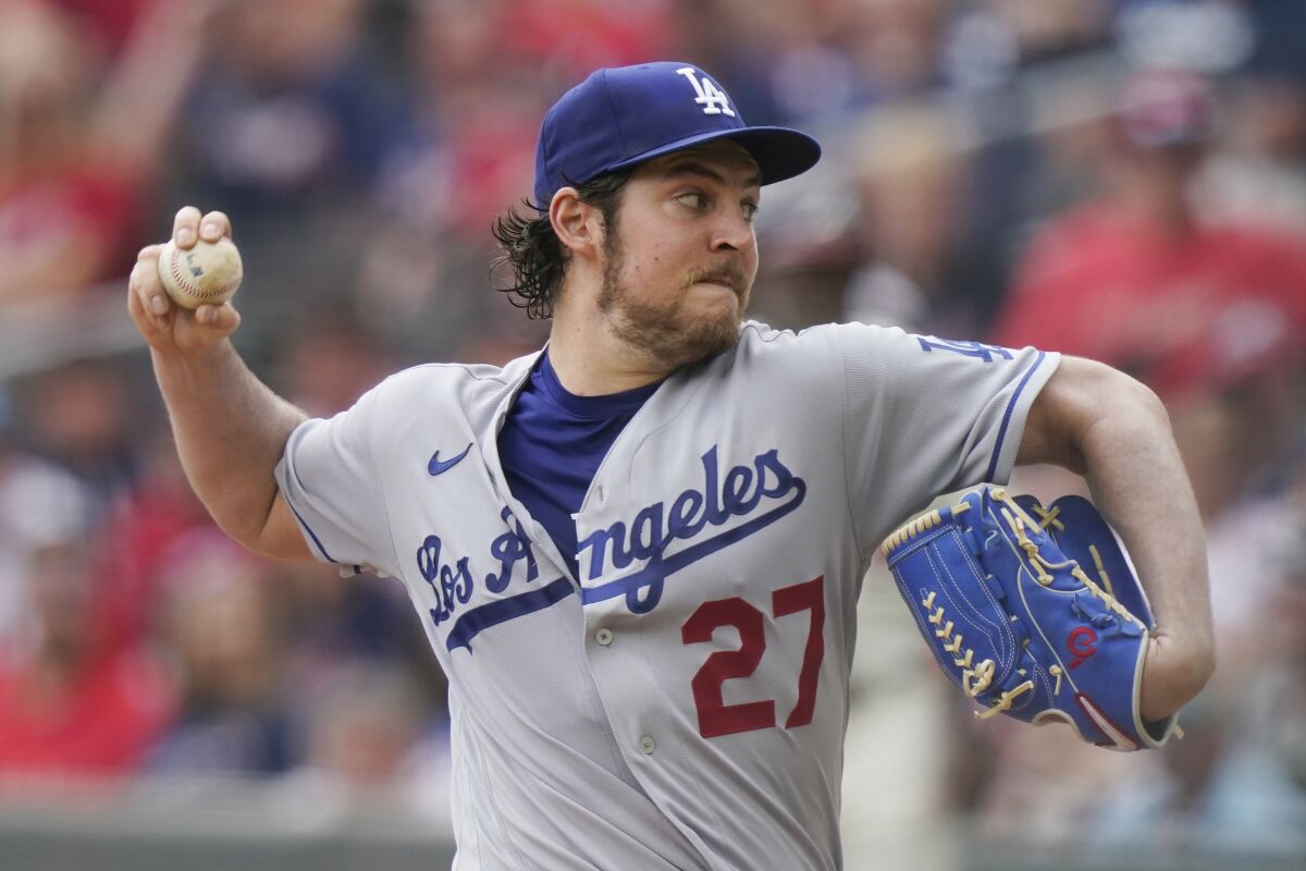 Trevor Bauer pitches for the Dodgers against the Atlanta Braves on June 6, 2021.