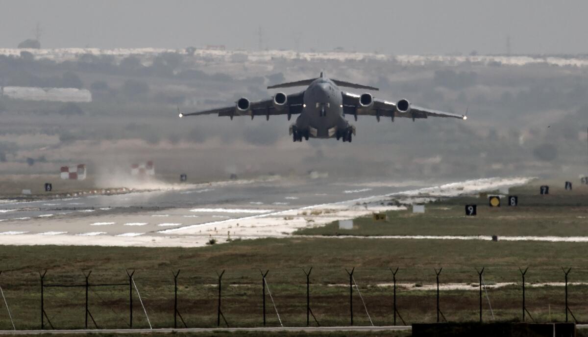 A U.S. Air Force plane takes off from Incirlik Air Base in southern Turkey in a file photograph. Islamic State claimed it killed Thaddeus Borowicz, an American working at the base as a firefighter.