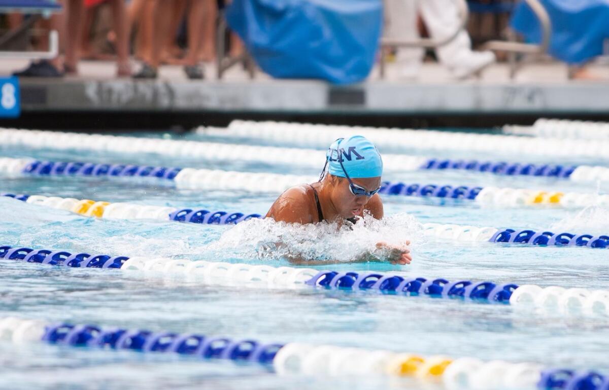 Corona del Mar High senior Michelle Tekawy swims the breaststroke during the CIF Southern Section Division 2 finals Tuesday.