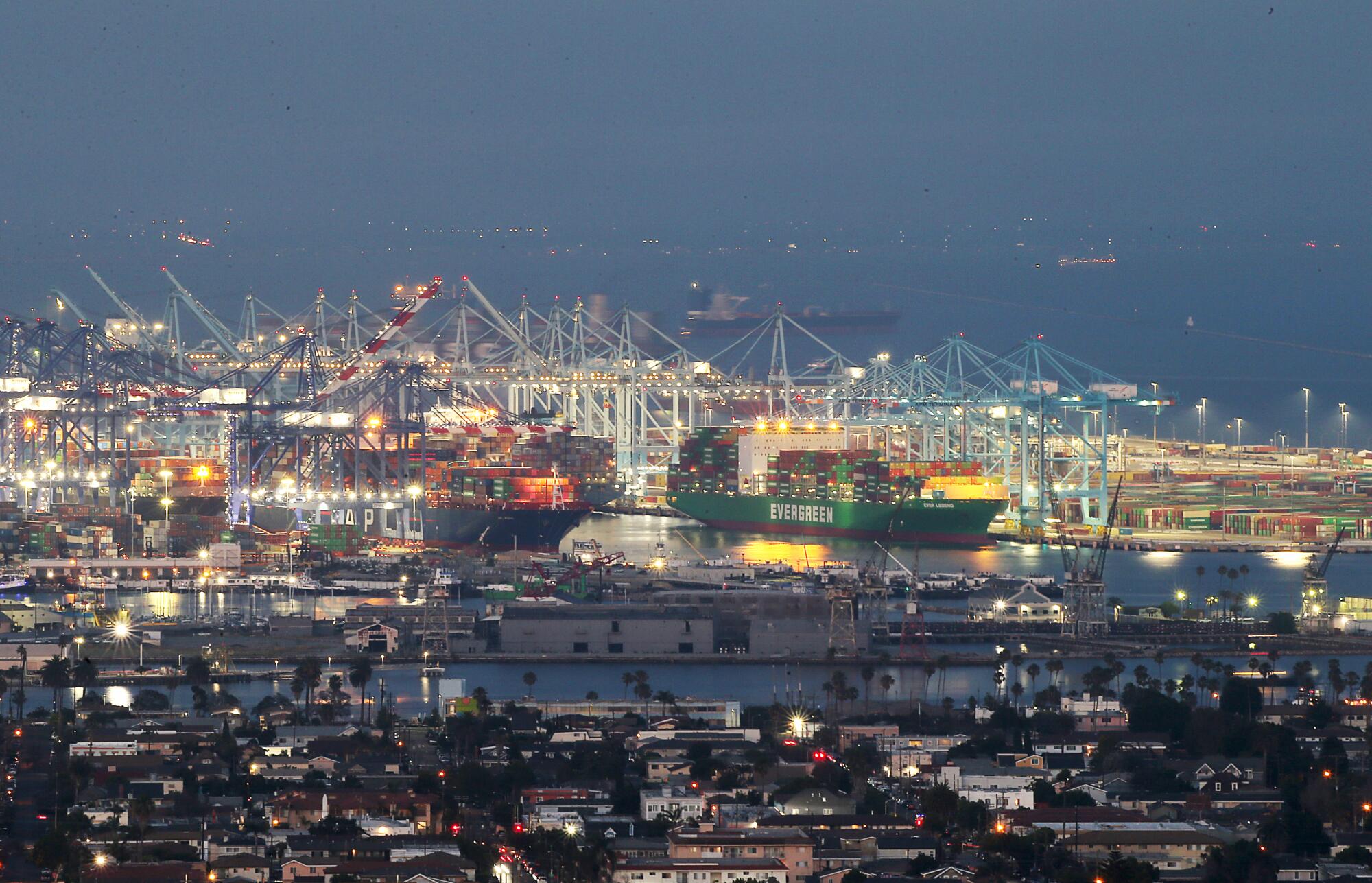 Container ships dock at the Port of Los Angeles.