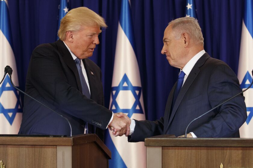 President Donald Trump shakes hands with Israeli Prime Minister Benjamin Netanyahu after making joint statements, Monday, May 22, 2017, in Jerusalem. (AP Photo/Evan Vucci)