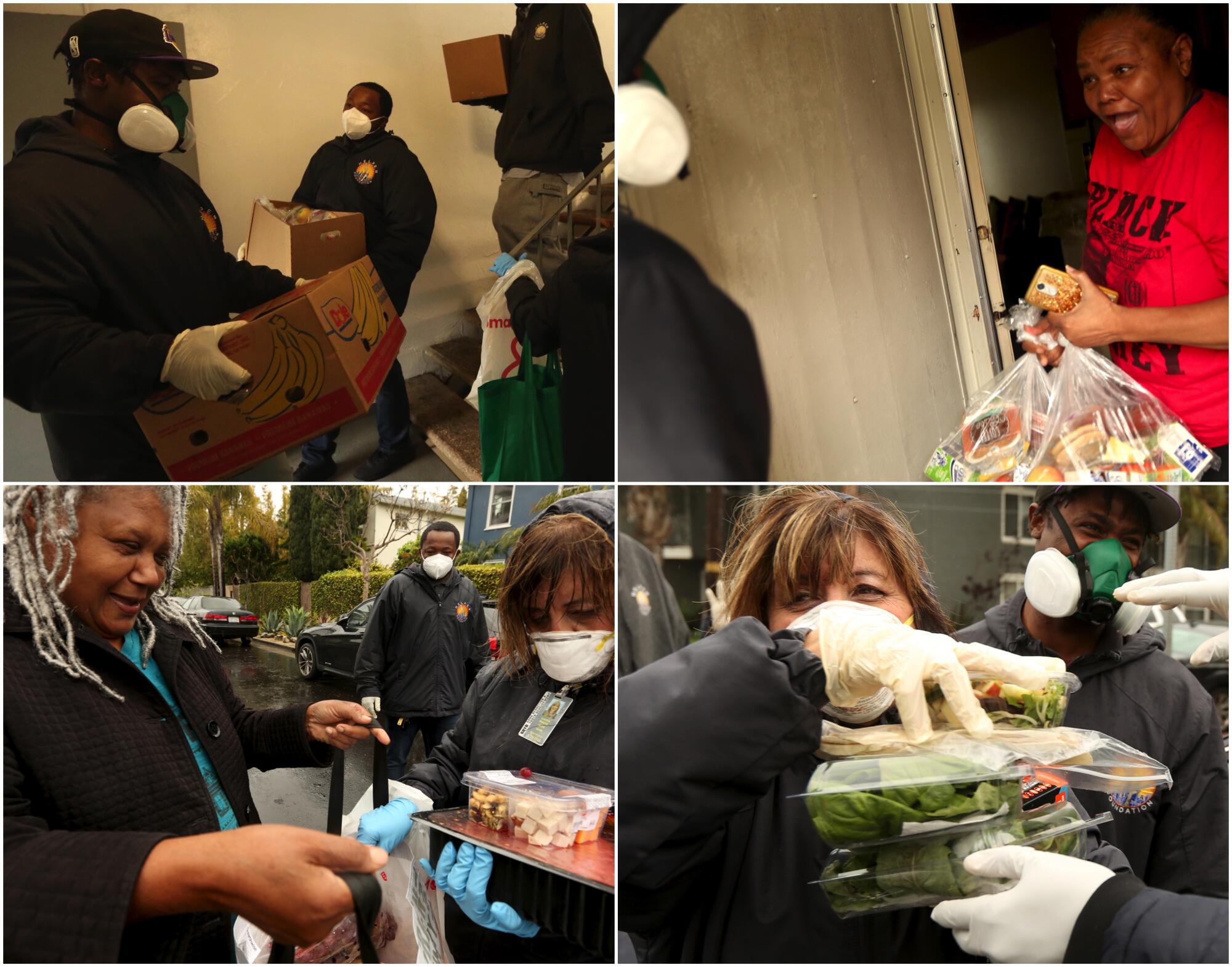 Workers with the HELPER Foundation provide bags of food in Venice.