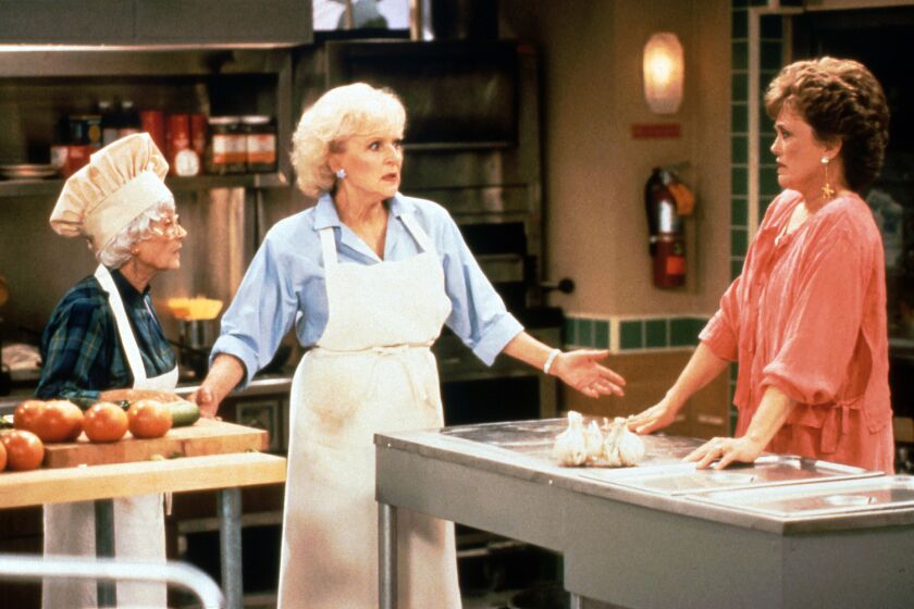 A still from "The Golden Palace" from 1992. (L-R) Estelle Getty, Betty White, and Rue McClanahan. Rose, Blanche and Sophia are where we last left them, in the living room of the house they shared for seven years. But now, they are watching movers as they prepare to leave their comfortable home for a new life - as managers of an art deco hotel in South Miami Beach called The Golden Palace.