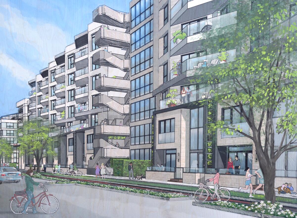 A photo of a rendering of One Metro West, a 1,057-unit proposed residential development in Costa Mesa.