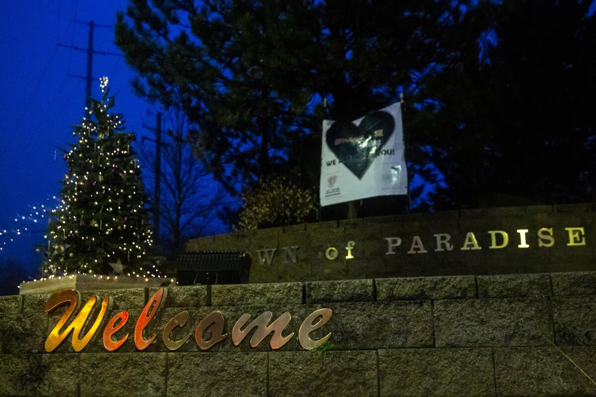 A Christmas tree stands beside a sign welcoming people to Paradise.