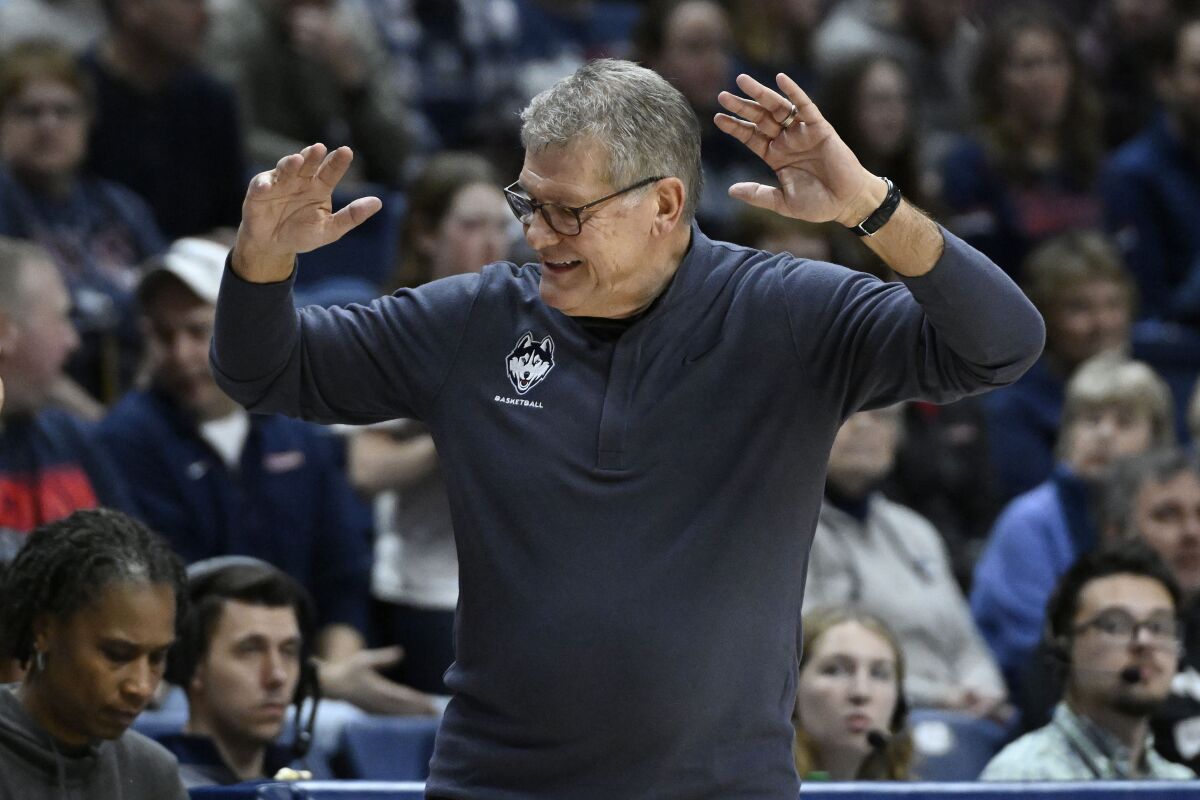 UConn head coach Geno Auriemma reacts in the second half of an NCAA college basketball game against Xavier, Monday, Feb. 27, 2023, in Storrs, Conn. (AP Photo/Jessica Hill)
