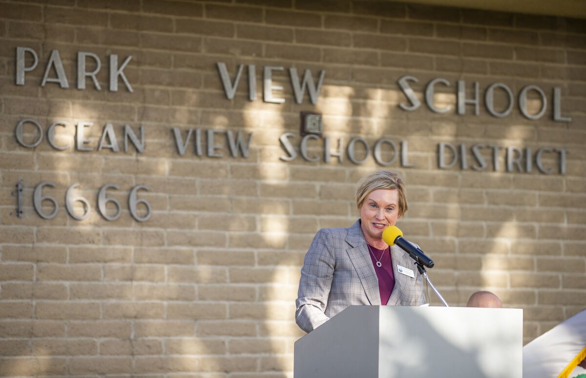 Supt. Carol Hansen of the Ocean View School District addresses the crowd during Friday's ceremony.