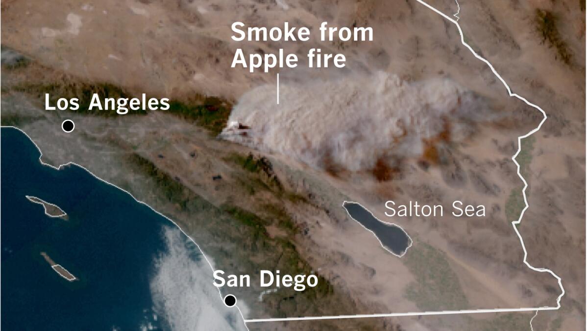 Satellite image shows smoke from the Apple fire stretching across half of Southern California