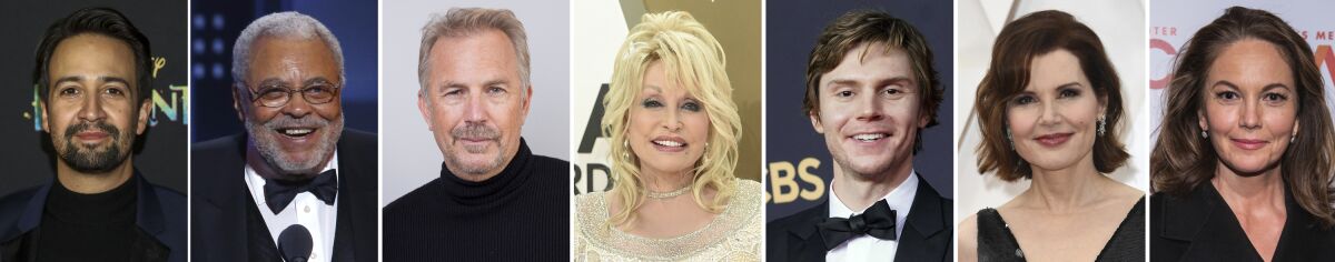 This combination photo of celebrities with birthdays from Jan. 16-22 shows Lin-Manuel Miranda, from left, James Earl Jones, Kevin Costner, Dolly Parton, Evan Peters, Geena Davis and Diane Lane. (AP Photo)