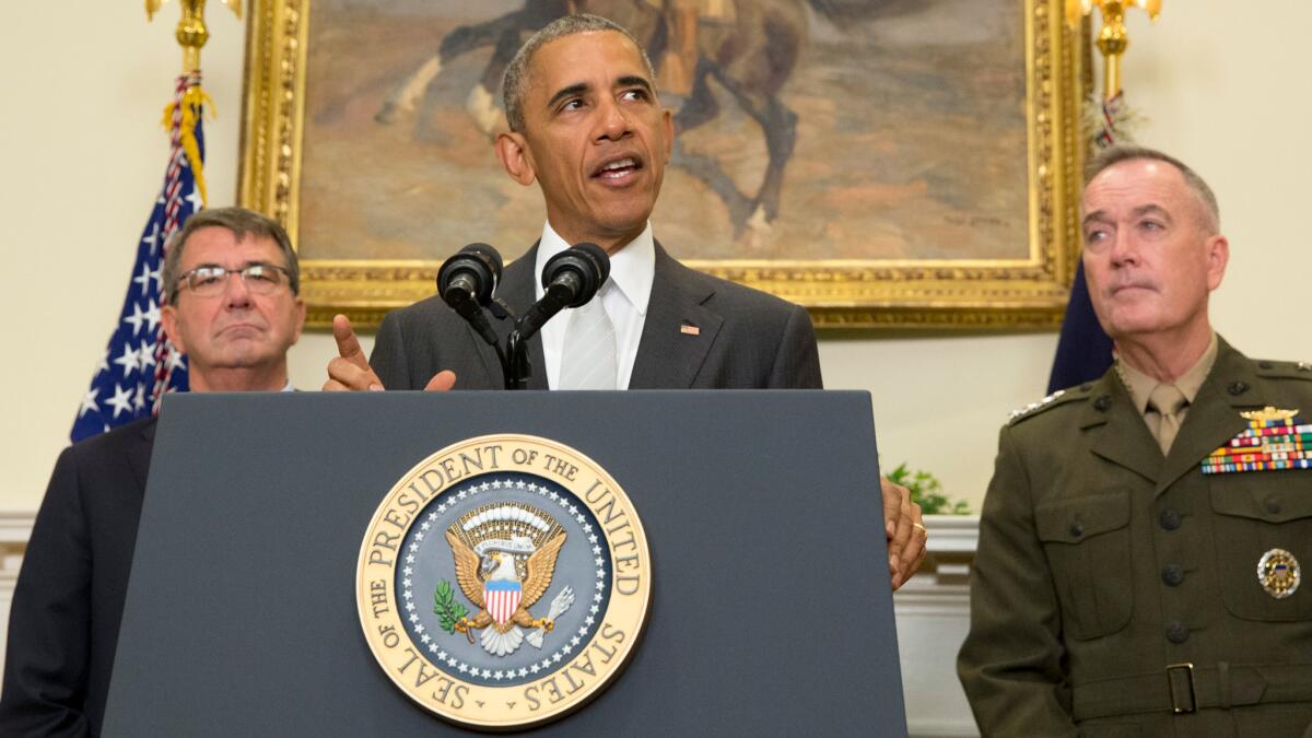 President Obama addresses U.S. troop levels in Afghanistan with Defense Secretary Ash Carter, left, and Gen. Joseph Dunford, chairman of the Joint Chiefs of Staff, at his side Wednesday in the Roosevelt Room of the White House.