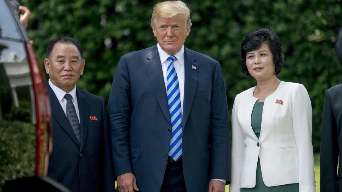 President Trump at the White House on June 1 with former North Korean military intelligence chief Kim Yong Chol, left, and Kim Song Hye, head of North Korea's Committee for the Peaceful Reunification of Korea.