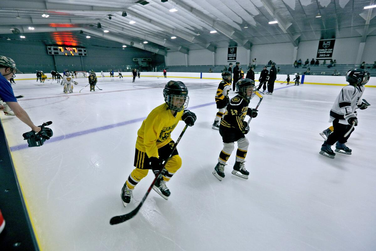 Youth sports, like ice hockey at the L.A. Kings Pickwick Ice Center in Burbank, have been halted in the wake of the coronavirus pandemic.