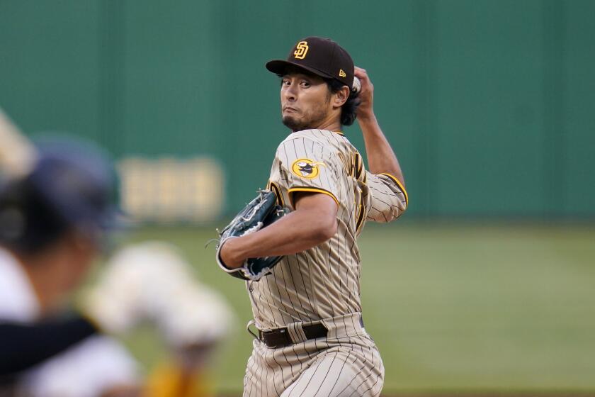 San Diego Padres starting pitcher Yu Darvish delivers during the first inning of a baseball game against the Pittsburgh Pirates in Pittsburgh, Monday, April 12, 2021. (AP Photo/Gene J. Puskar)