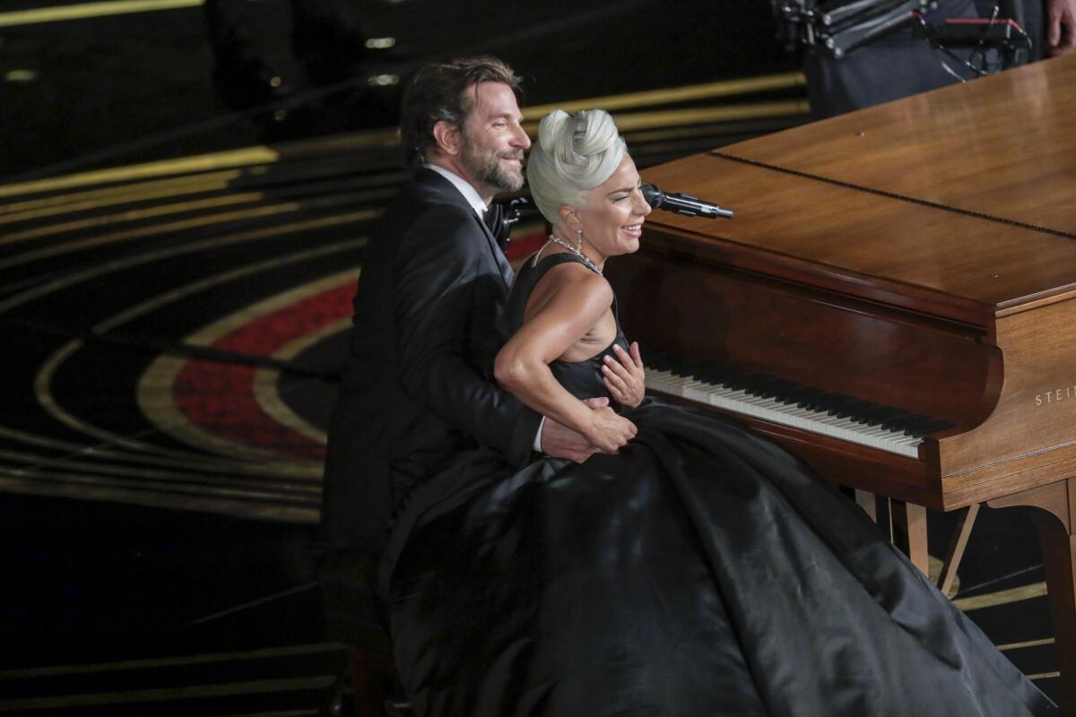 Bradley Cooper and Lady Gaga performing at the 91st Academy Awards.