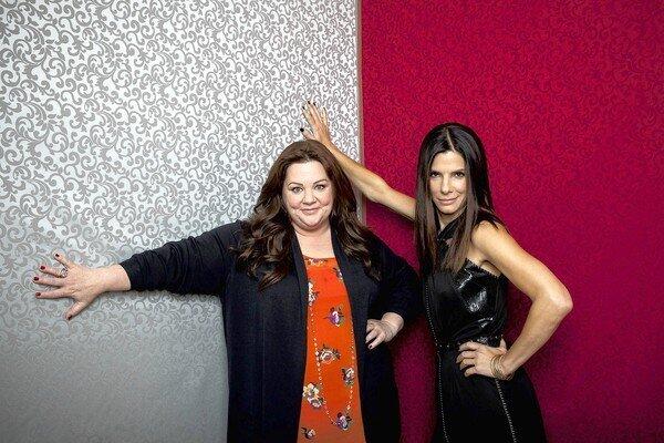 Melissa McCarthy, left, and Sandra Bullock at the Four Seasons hotel in Los Angeles.