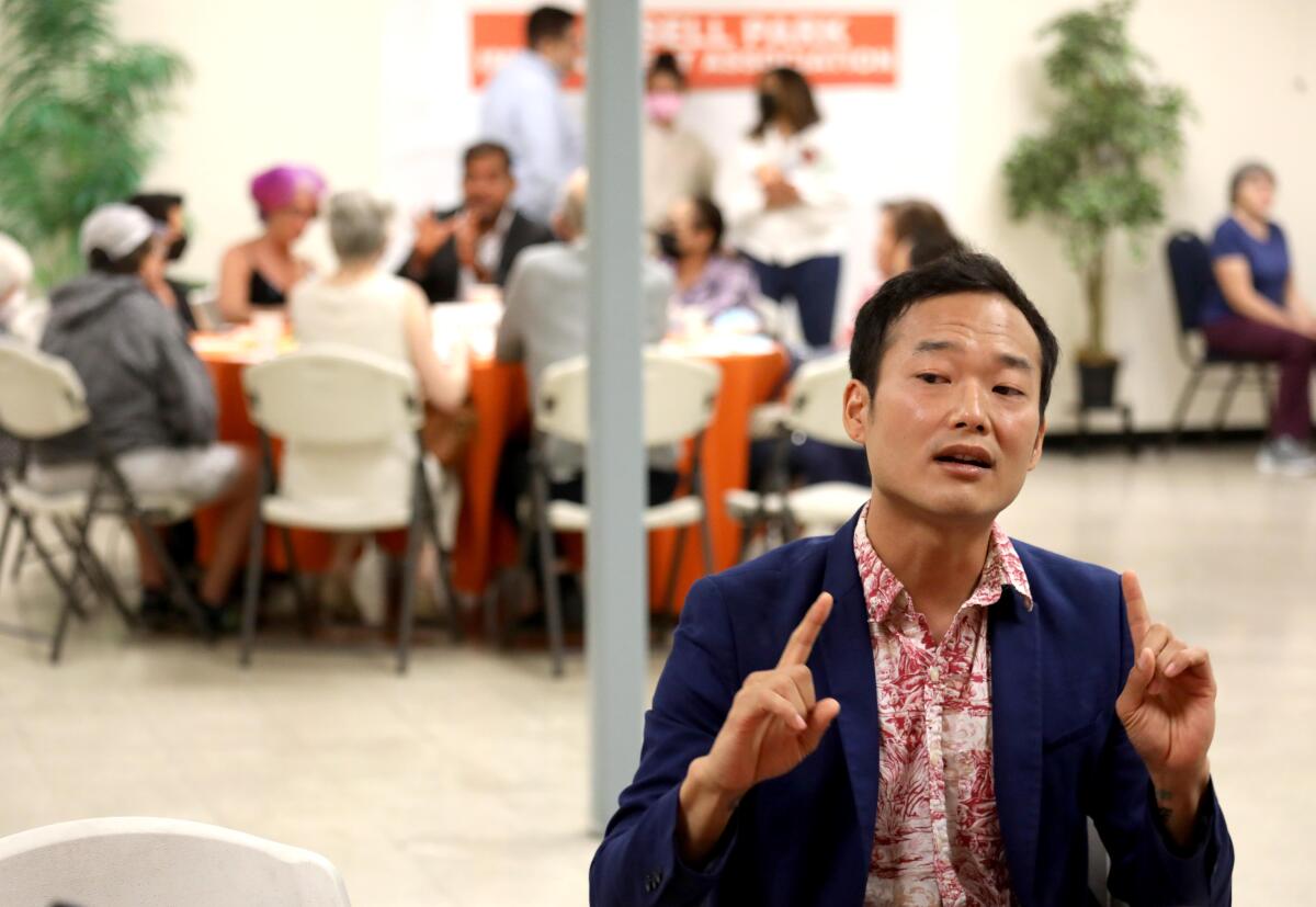 David Kim, who is challenging incumbent Congressman Jimmy Gomez, participates in a Town Hall.