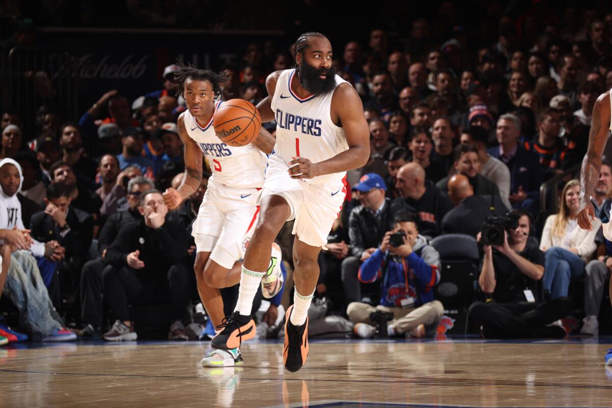 Clippers guard James Harden controls the ball during a 111-97 loss to the New York Knicks on Monday.