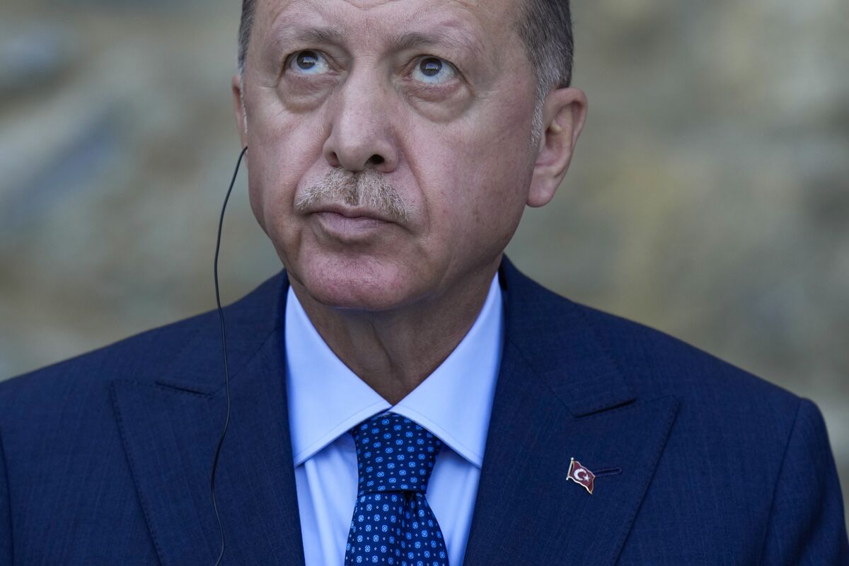 President Recep Tayyip Erdogan listens to a translation in earphones