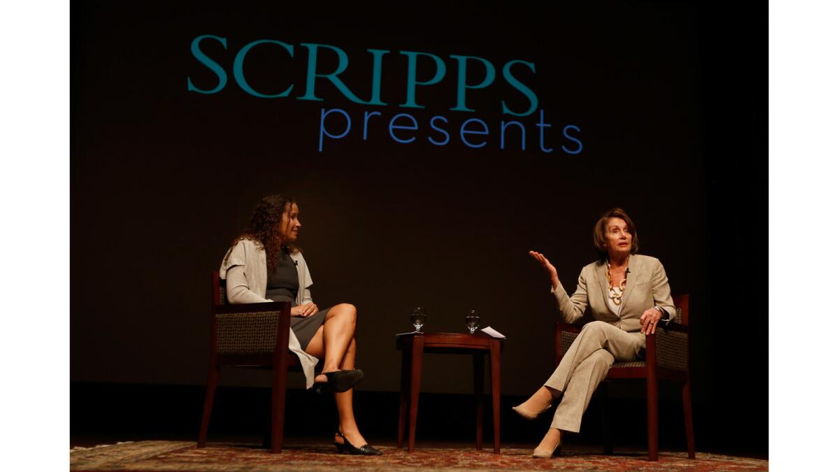 House Minority Leader Nancy Pelosi speaks to students at Scripps College on Thursday.