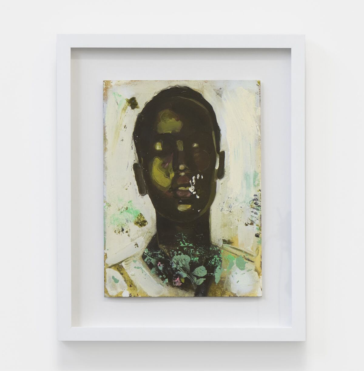 A painting by Devin Johnson shows the face of a Black figure with eyes closed.