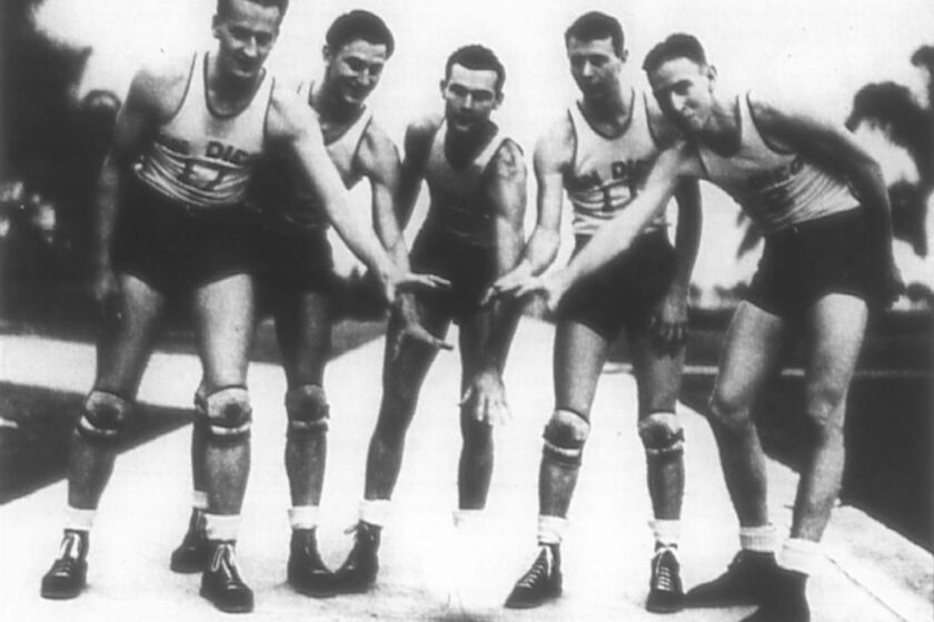 1940-41 Aztecs basketball team. From left, Harry Hodgetts, MilkyPhelps, Bill Patterson, Kenny Hale and Dick Mitchell.