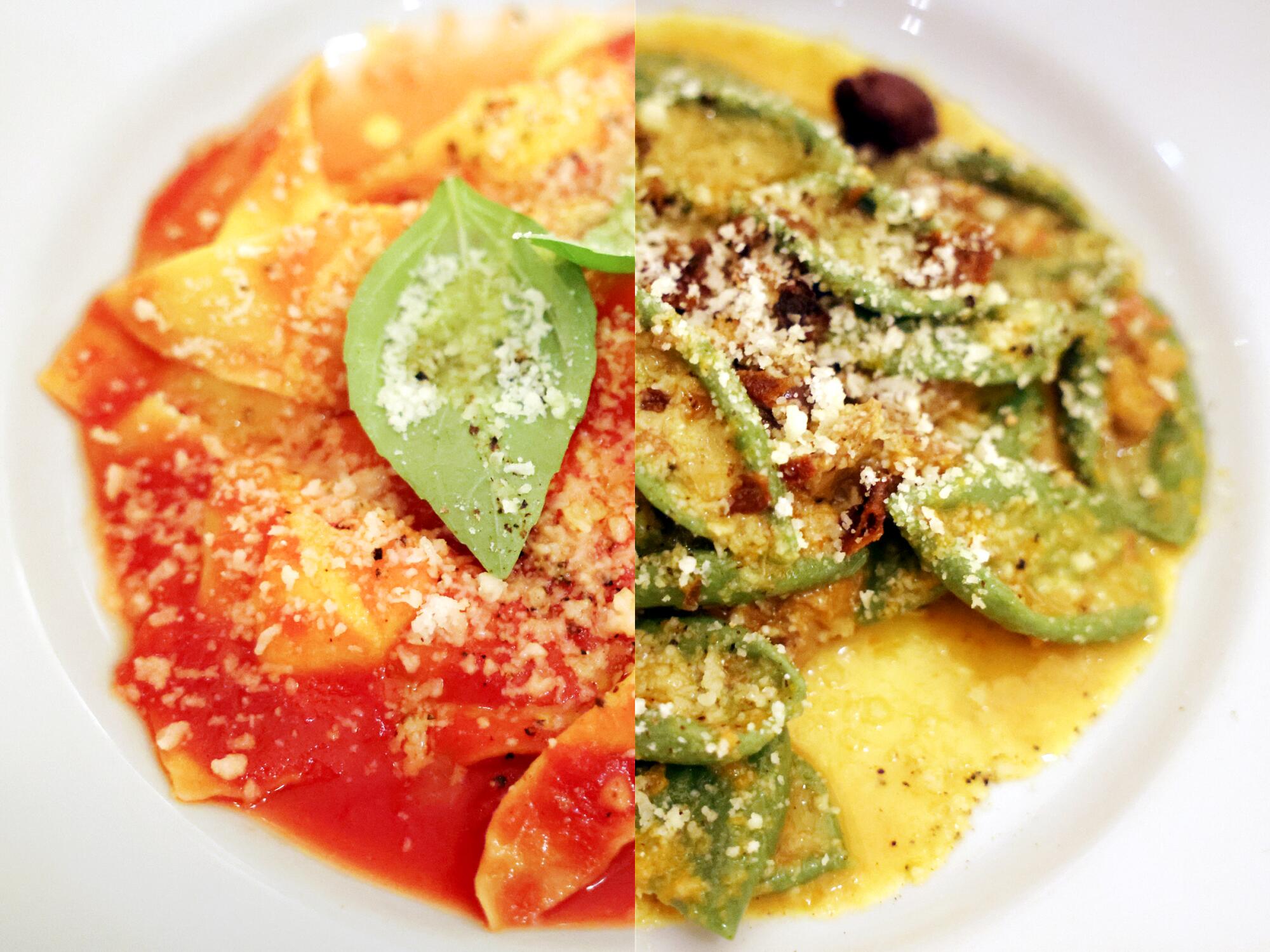 Two photos side-by-side of a red pasta on the left and a green pasta on the right.