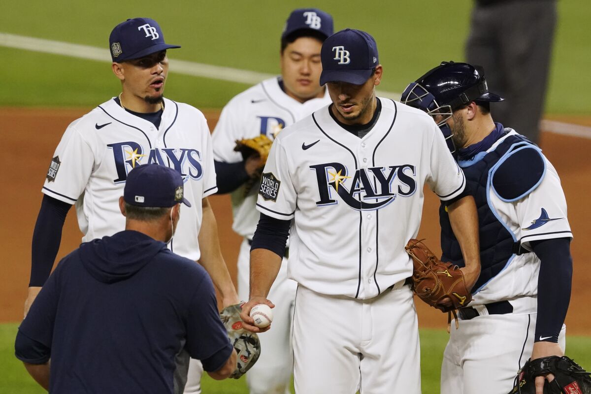Tampa Bay Rays starting pitcher Charlie Morton leaves the game against the Dodgers in the fifth inning of Game 3.