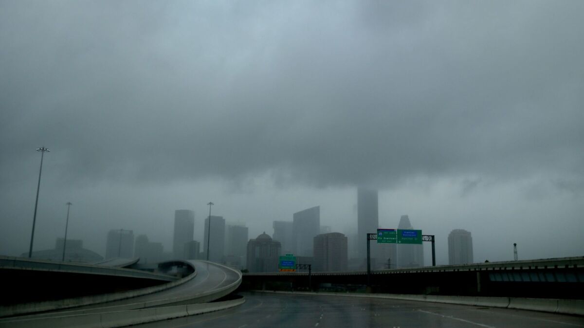 Rain clouds over downtown Houston on Aug. 27.