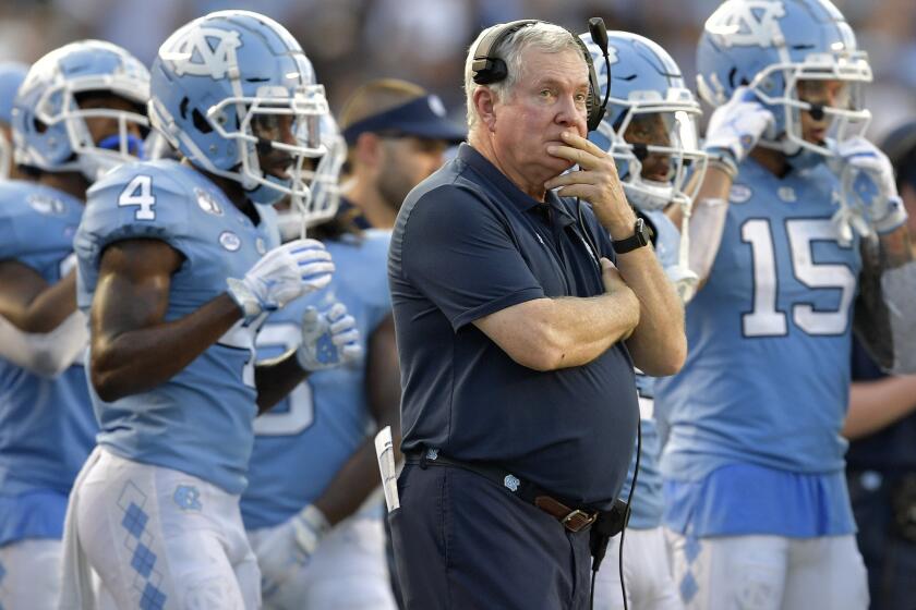 CHAPEL HILL, NORTH CAROLINA - SEPTEMBER 28: Head coach Mack Brown of the North Carolina Tar Heels watches him team play against the Clemson Tigers during the second half of their game at Kenan Stadium on September 28, 2019 in Chapel Hill, North Carolina. Clemson won 21-20. (Photo by Grant Halverson/Getty Images) ** OUTS - ELSENT, FPG, CM - OUTS * NM, PH, VA if sourced by CT, LA or MoD **