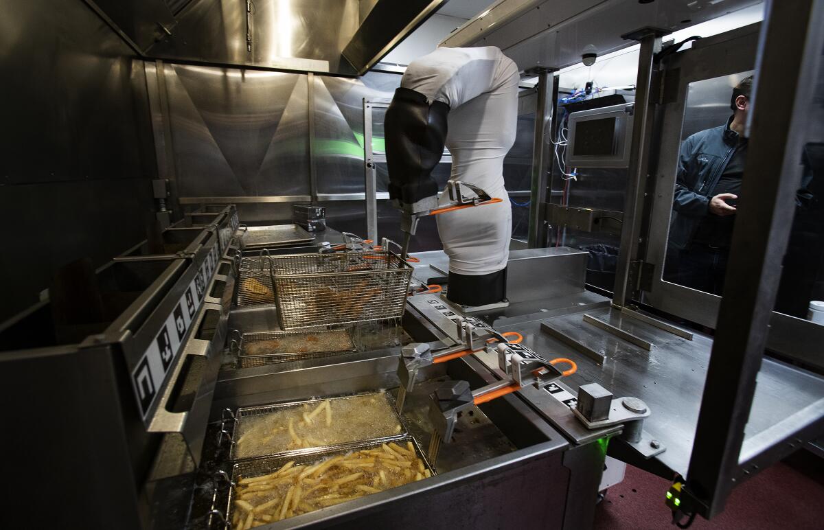 Flippy the robot running a fry station at Miso Robotics' test kitchen in January in Pasadena.