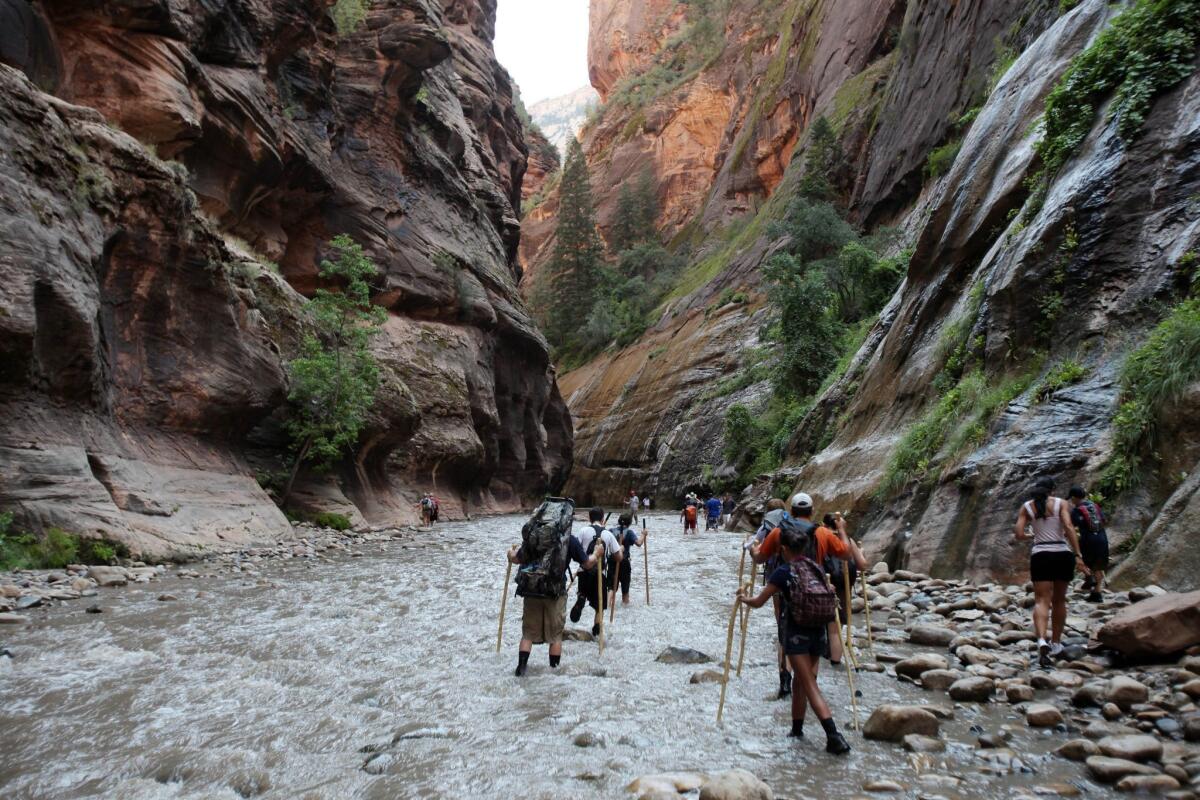 In this Saturday, Sept. 5, 2009 file photo, throngs of hikers trek through the Virgin River along The Narrows in Zion National Park, Utah. The Park Service already has recorded 5 million more visitors from this time last year at national parks creating traffic congestion, long waits, and crowded parks. (AP Photo/Ross D. Franklin, File)
