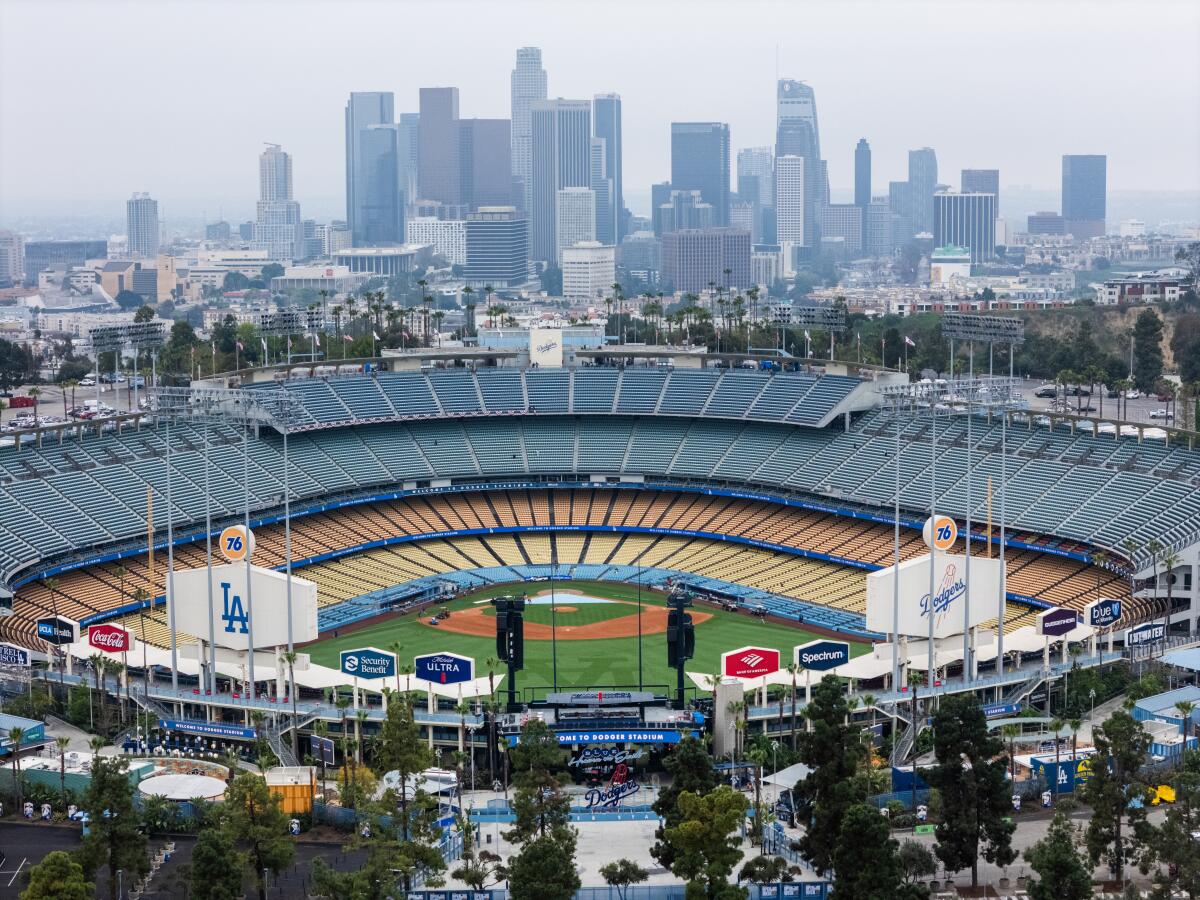 Aerial view of Dodger Stadium at sunset