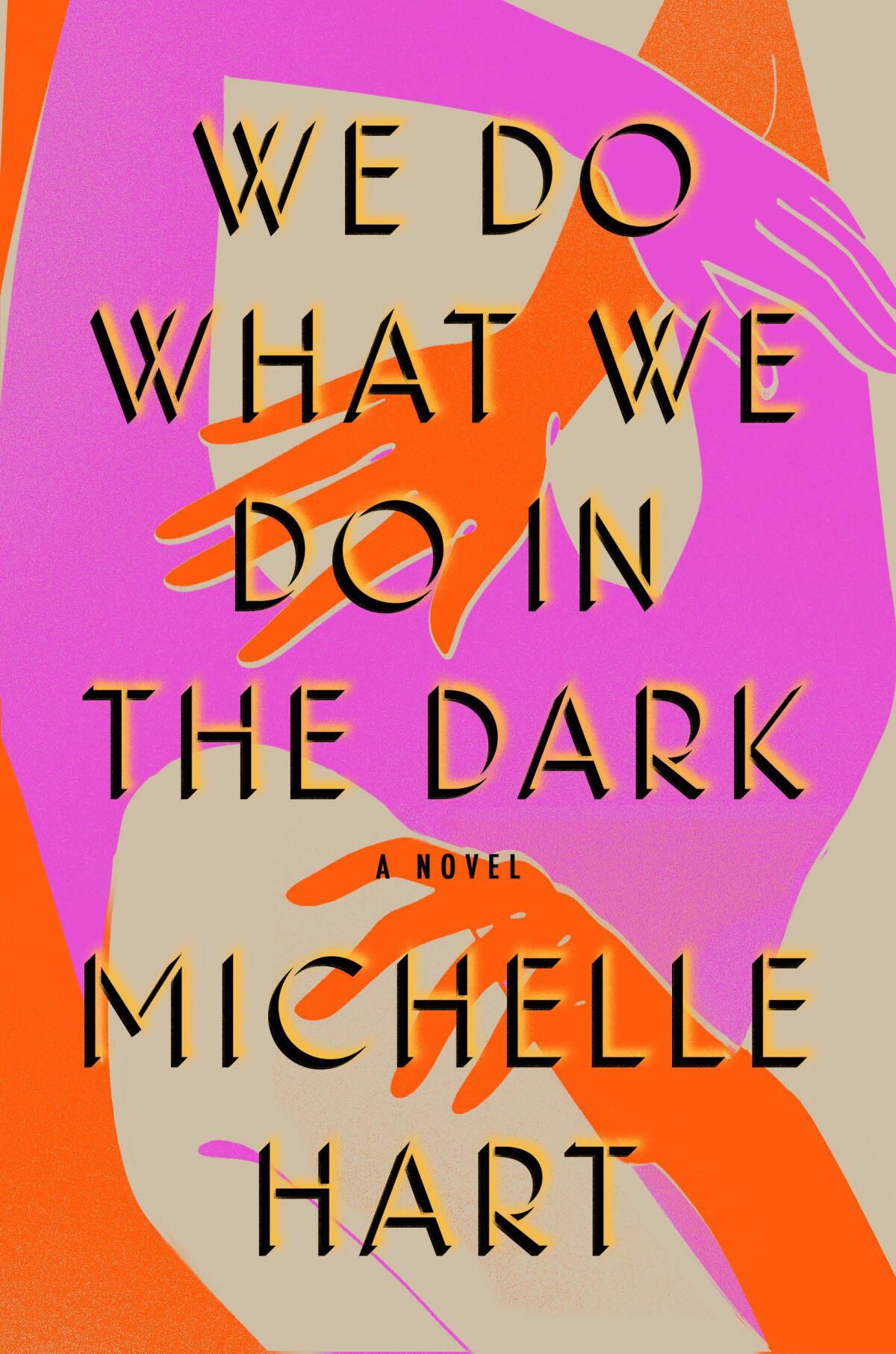 A book cover has pink and red hand illustrations winding together